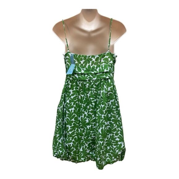 NWT London Times Green White Botanical Print Balloon Hem Dress Size 6 P Preppy - Picture 2 of 6